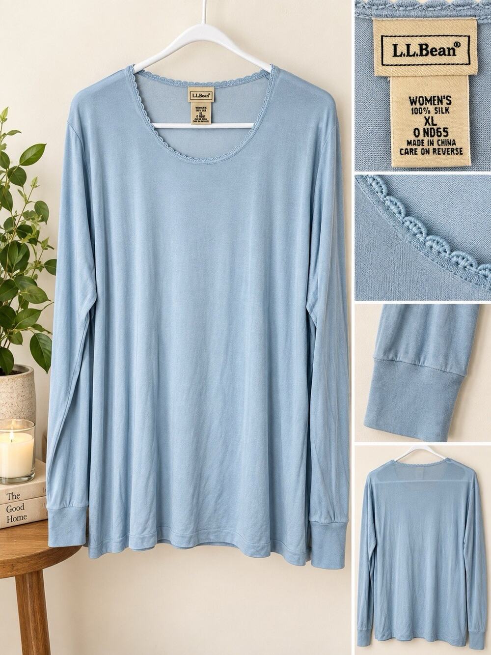 LL Bean Women’s XL Light Blue 100% Silk Long Sleeve Top Base Layer Undershirt